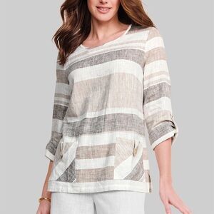 Appleseed’s Sunrise Stripe Button Pocket Popover • Linen Taupe • Large